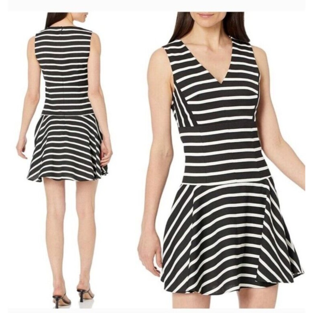 Anthropologie 4C Black & White Stripe Sleeveless Flattering Fit & Flare Dress 6